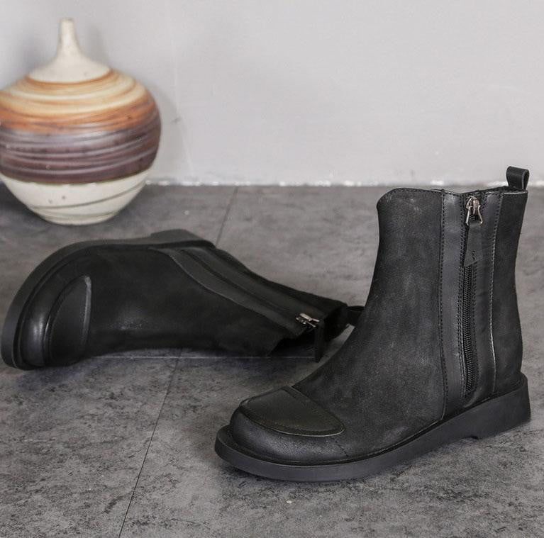 Automne Hiver Cuir Fermeture Éclair Latérale Femmes Bottes À La Main