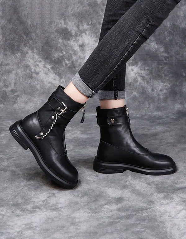 Automne Hiver Cuir Zipper Punk Bottes Noir