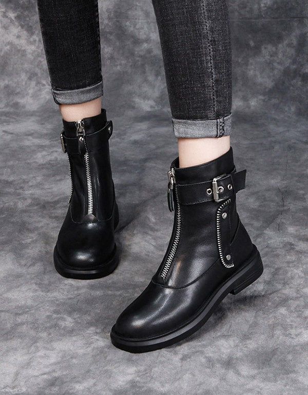 Automne Hiver Cuir Zipper Punk Bottes Noir