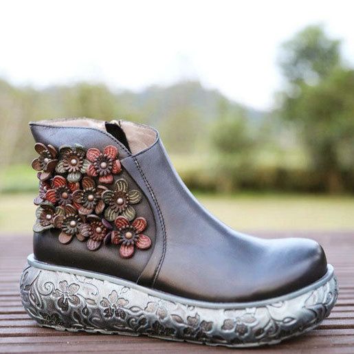 Bottes Compensées Rétro Faites À La Main Avec Fleurs | Chaussures Cadeaux