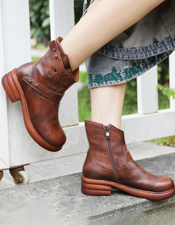 Bottes Courtes De Cow-boy En Cuir Rétro Pour Femmes