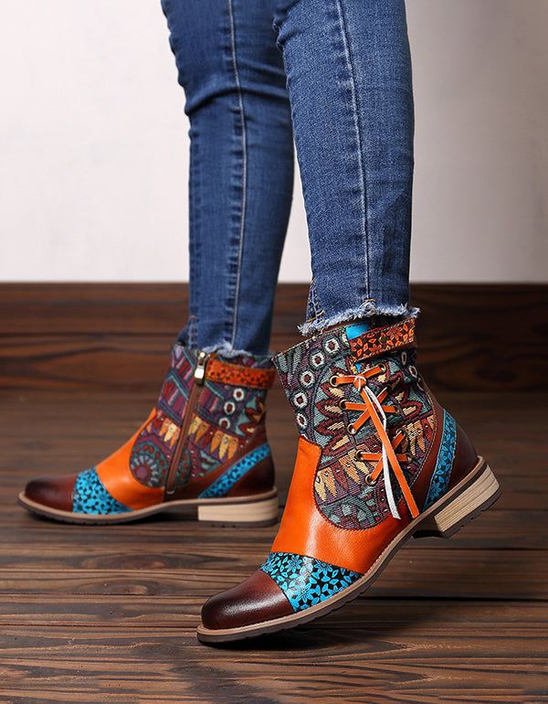 Bottes Courtes En Cuir Ethnique Coloré Pour Femme 35-42