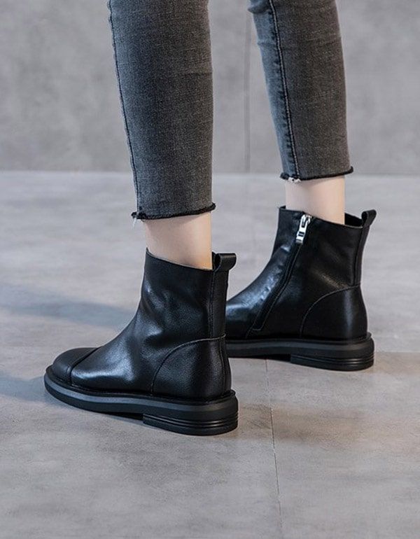 Bottes Courtes En Cuir Polyvalentes Printemps Automne Noir