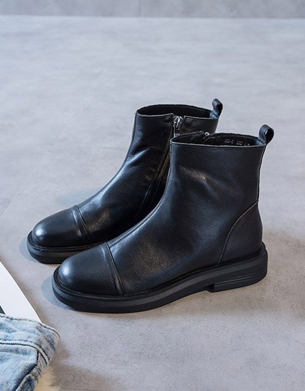 Bottes Courtes En Cuir Polyvalentes Printemps Automne Noir