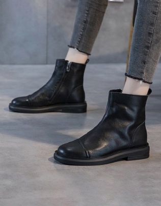 Bottes Courtes En Cuir Polyvalentes Printemps Automne Noir