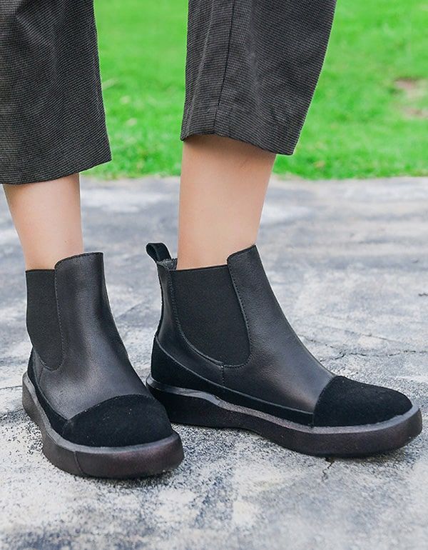 Bottes Courtes Pour Femmes En Cuir Rétro Faites À La Main D'automne