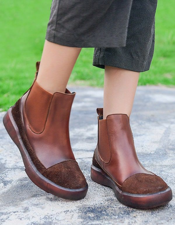 Bottes Courtes Pour Femmes En Cuir Rétro Faites À La Main D'automne