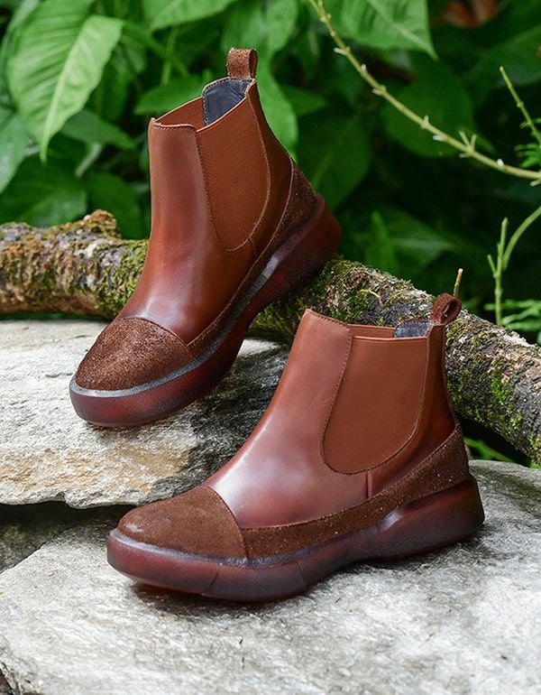 Bottes Courtes Pour Femmes En Cuir Rétro Faites À La Main D'automne