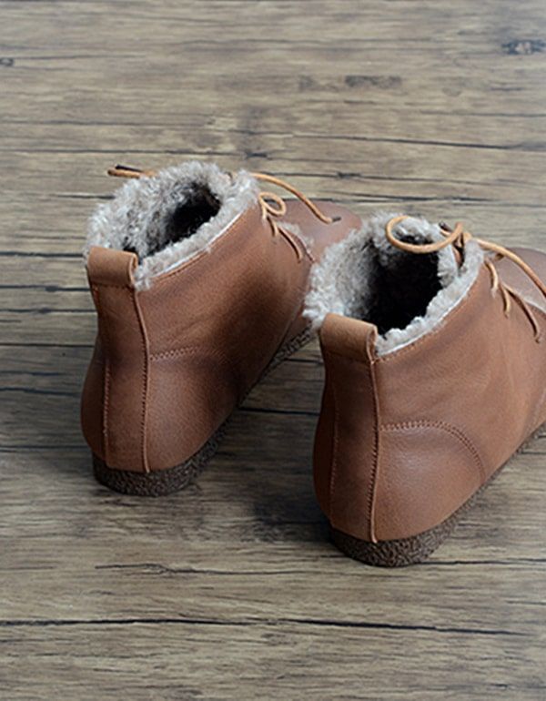 Bottes Courtes Pour Femmes En Cuir Rétro Faites À La Main En Peluche