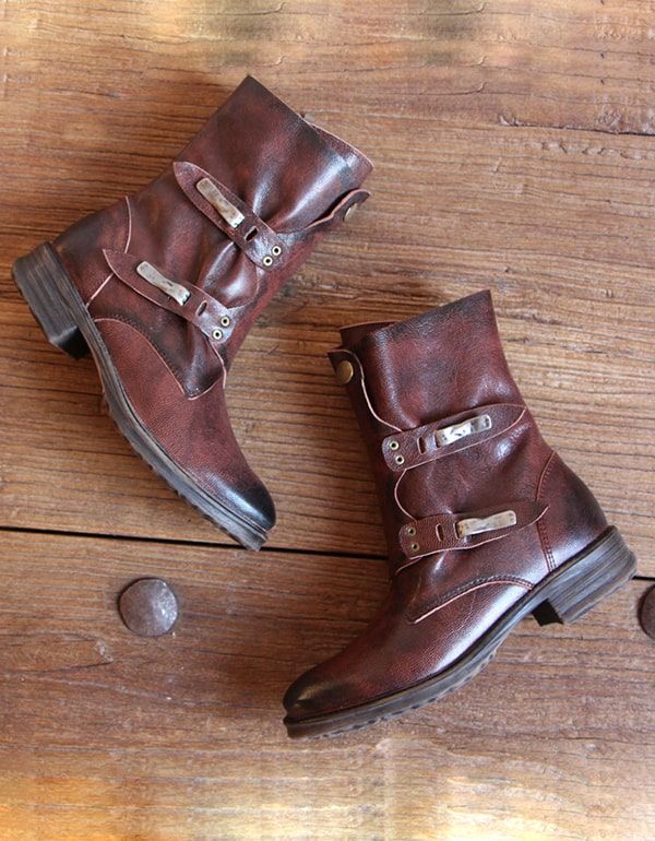 Bottes Courtes De Moto À Boucle De Ceinture En Cuir Faites À La Main Vintage