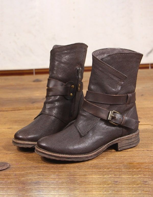 Bottes Courtes De Moto À Boucle De Ceinture En Cuir Faites À La Main Vintage