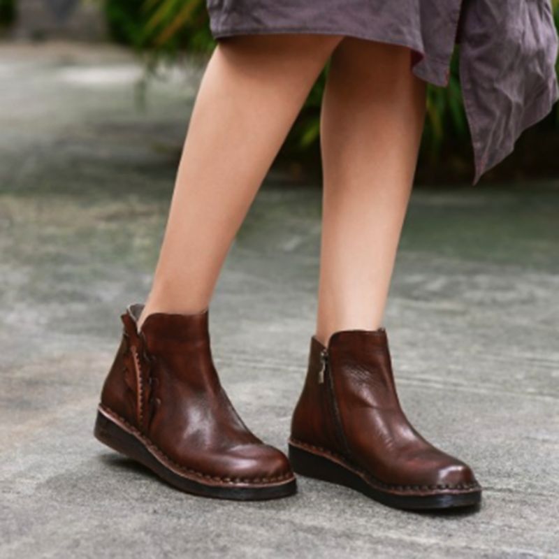 Bottes Courtes Rétro Pour Femmes En Cuir Faites À La Main