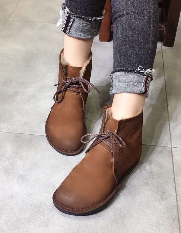 Bottes En Cuir Rétro Faites À La Main Pour Femmes