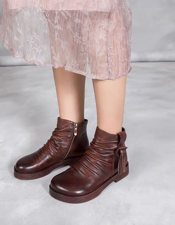 Bottes En Cuir Rétro Faites À La Main Pour Femmes À Fond Souple