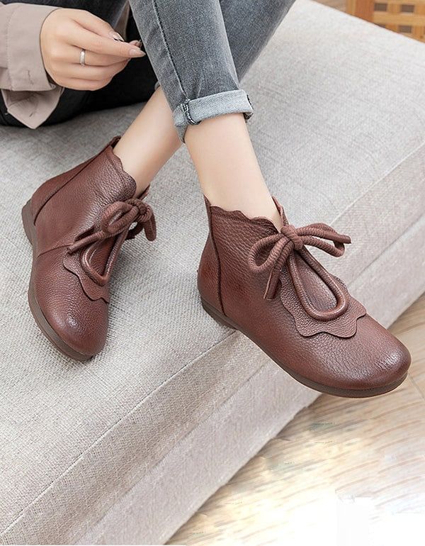 Bottes En Cuir Rétro Faites À La Main Pour Femmes À Lacets