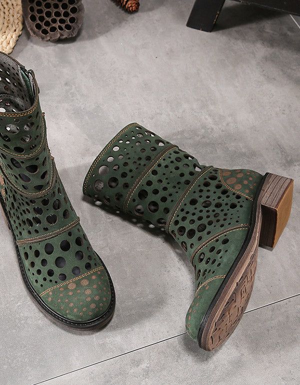 Bottes D'été Chevaleresques À Talon Épais En Cuir Véritable