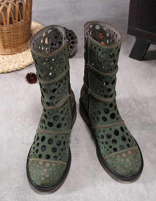 Bottes D'été Chevaleresques À Talon Épais En Cuir Véritable