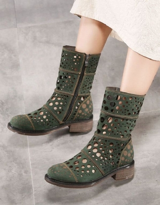 Bottes D'été Chevaleresques À Talon Épais En Cuir Véritable