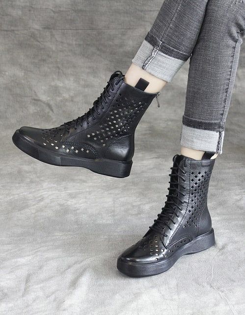 Bottes D'été En Cuir Creux À Lacets Noires