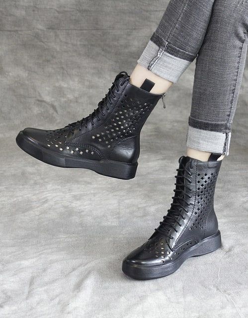 Bottes D'été En Cuir Creux À Lacets Noires