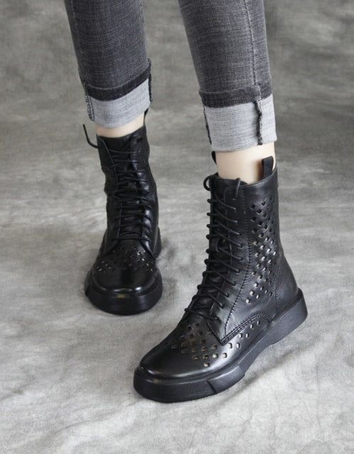 Bottes D'été En Cuir Creux À Lacets Noires