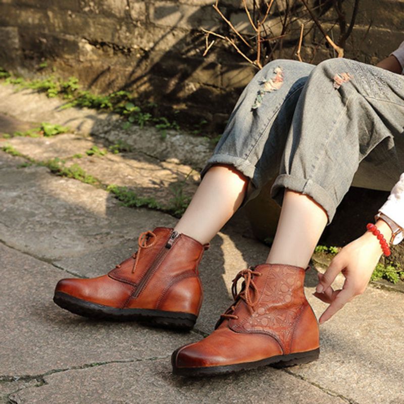 Bottes Pour Femmes Confortables En Cuir Rétro Automne-hiver