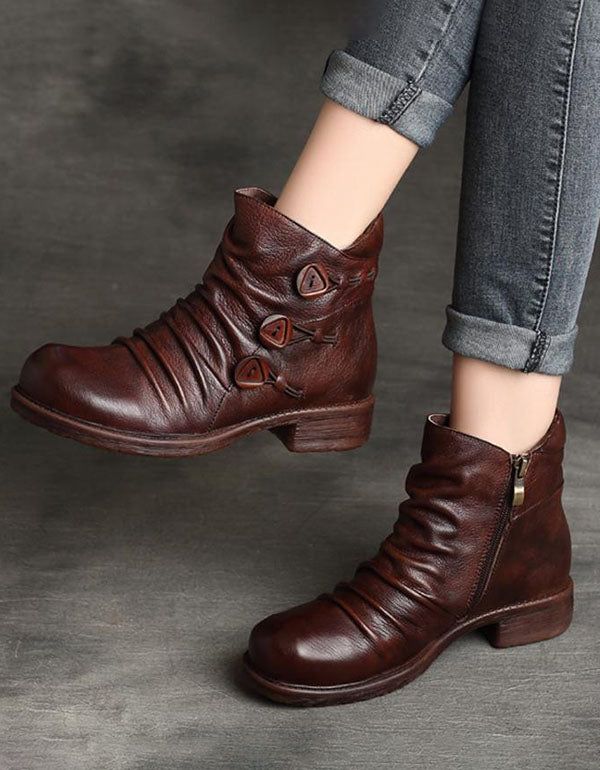 Bottes Pour Femmes En Cuir Rétro Plissées À La Main