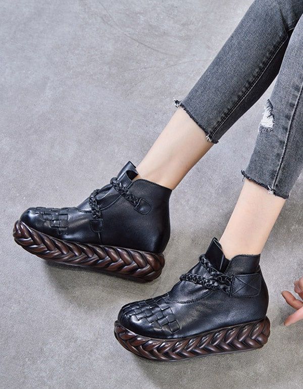 Bottes Pour Femmes En Cuir Tissé À La Main De Style Ethnique