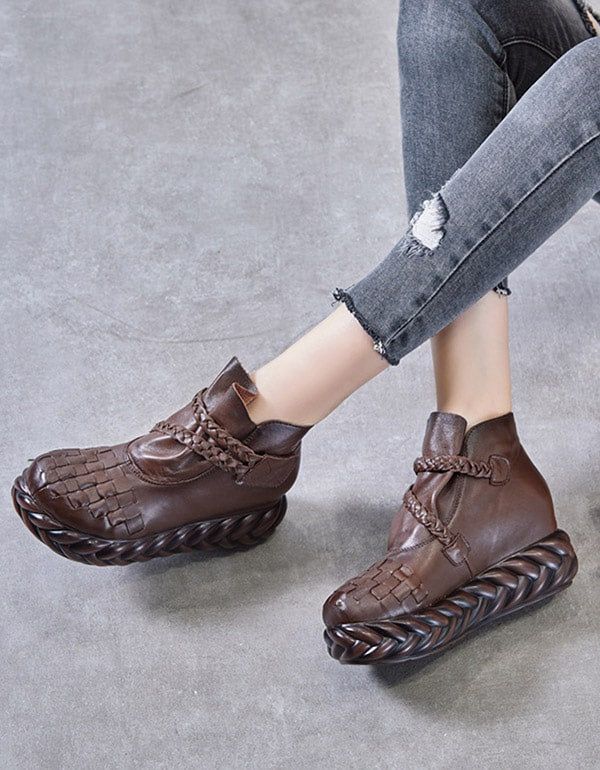 Bottes Pour Femmes En Cuir Tissé À La Main De Style Ethnique