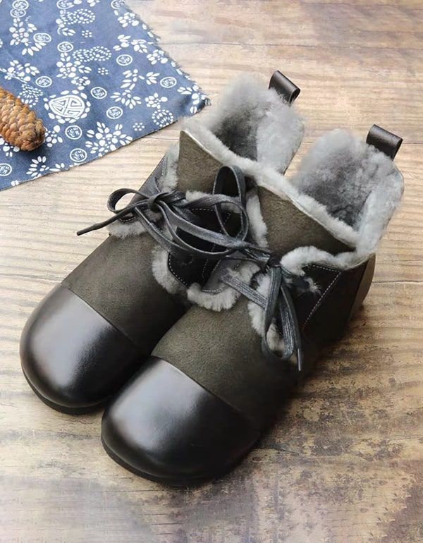 Bottes D'hiver Pour Femmes En Cuir Rétro Faites À La Main En Peluche