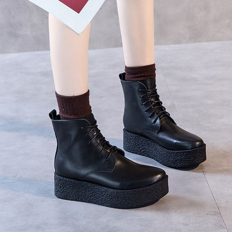 Bottes À Lacets Rétro En Cuir Véritable Pour Femmes