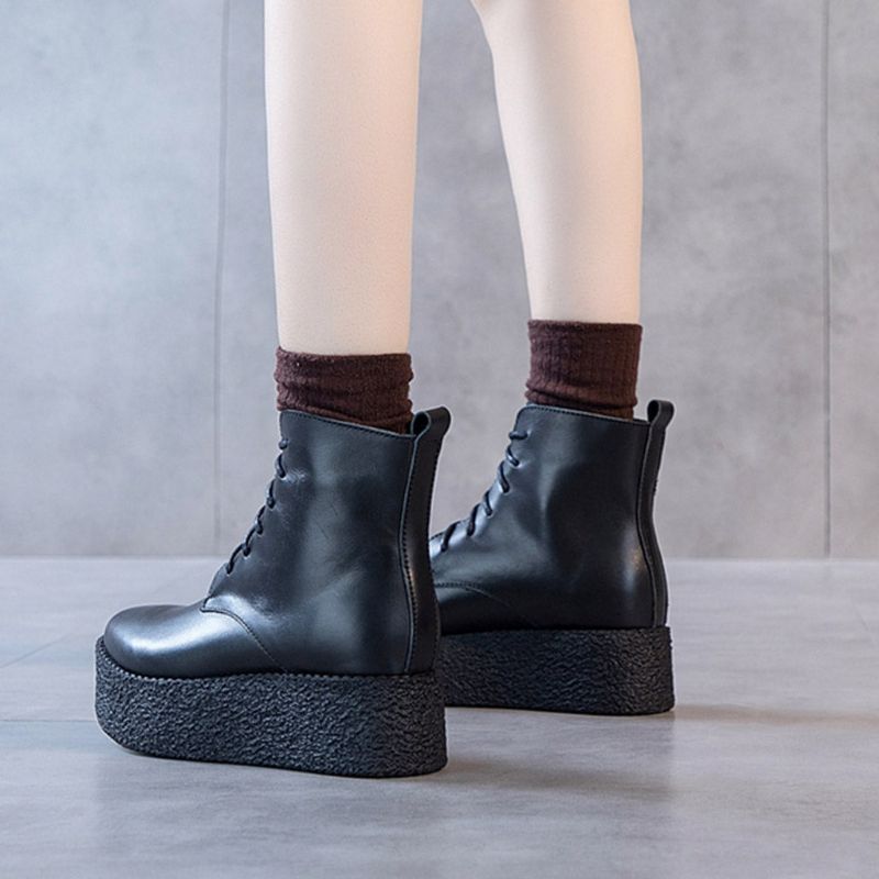 Bottes À Lacets Rétro En Cuir Véritable Pour Femmes