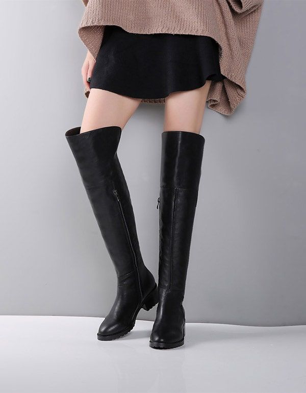 Bottes Noires Élégantes En Cuir Véritable