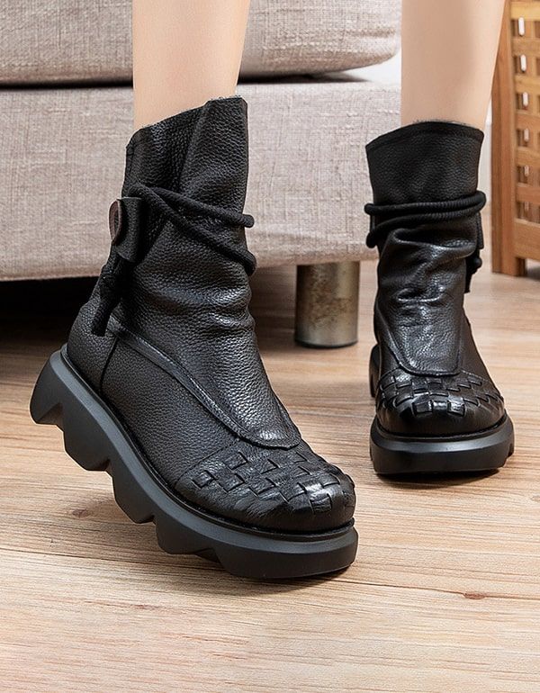 Bottes À Plateforme En Cuir Rétro Imperméables À Tube Moyen Pour Femmes