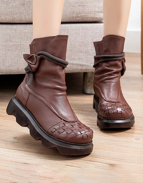 Bottes À Plateforme En Cuir Rétro Imperméables À Tube Moyen Pour Femmes