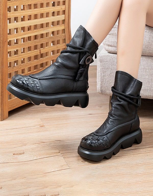 Bottes À Plateforme En Cuir Rétro Imperméables À Tube Moyen Pour Femmes