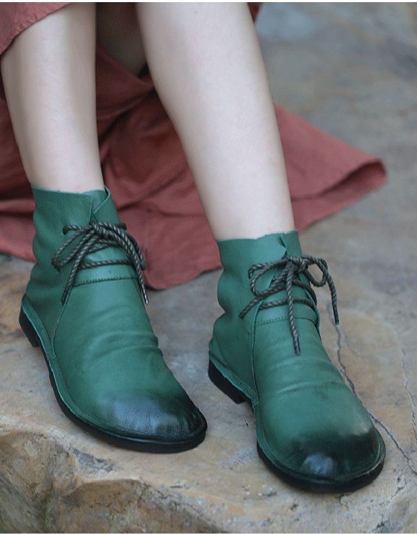 Bottes Plates En Cuir Rétro Vert Vintage Faites À La Main