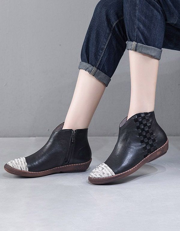 Bottes Plates Pour Femmes En Cuir Rétro Faites À La Main