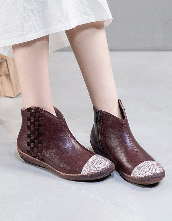 Bottes Plates Pour Femmes En Cuir Rétro Faites À La Main