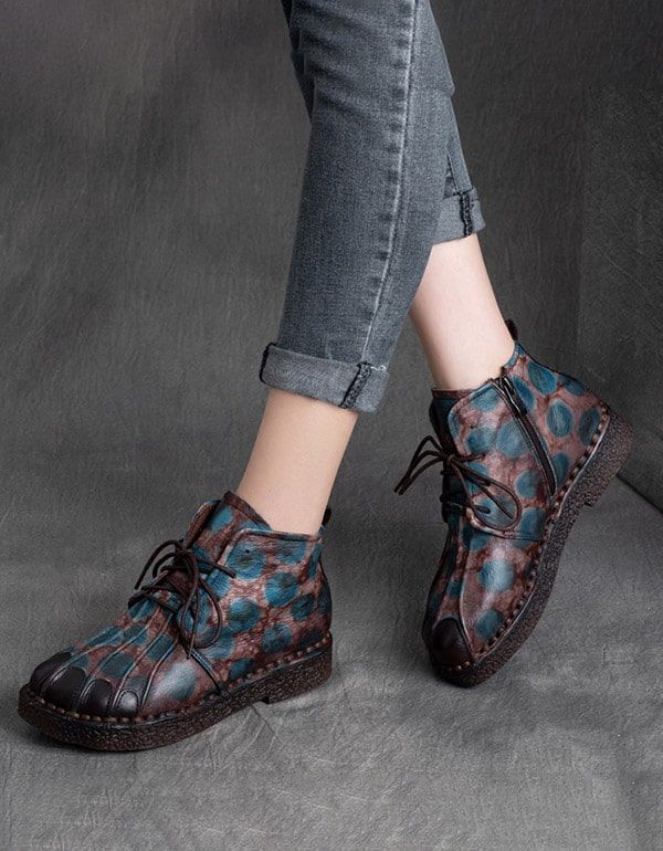 Bottes Rétro Pour Femmes À Lacets Faites À La Main En Cuir Véritable