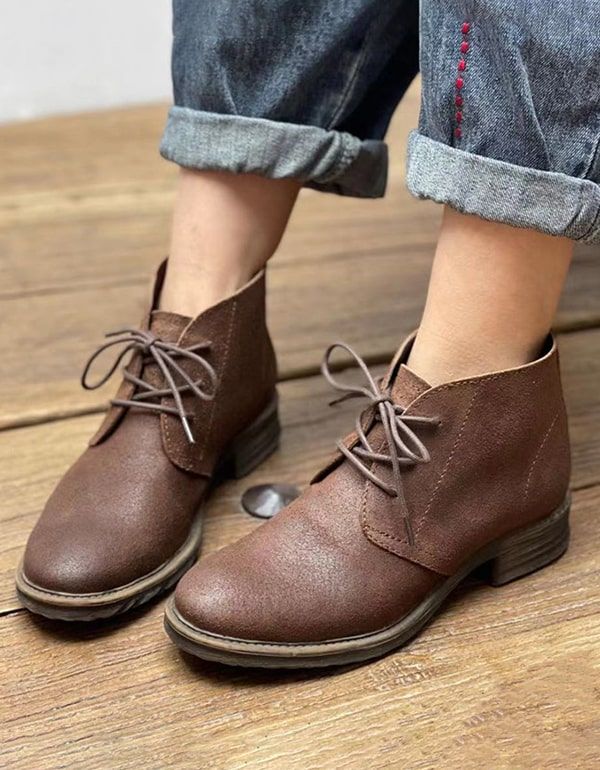 Bottines Courtes En Cuir Rétro À Lacets D'automne