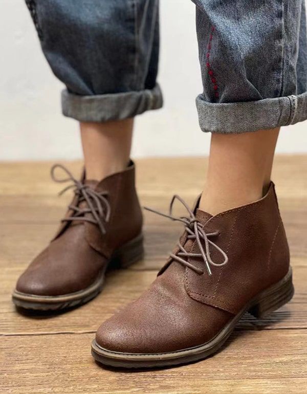 Bottines Courtes En Cuir Rétro À Lacets D'automne