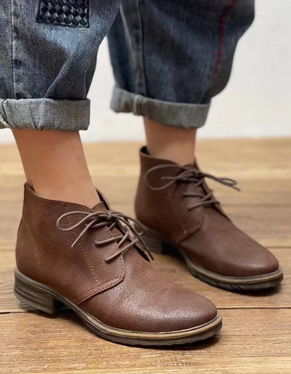 Bottines Courtes En Cuir Rétro À Lacets D'automne