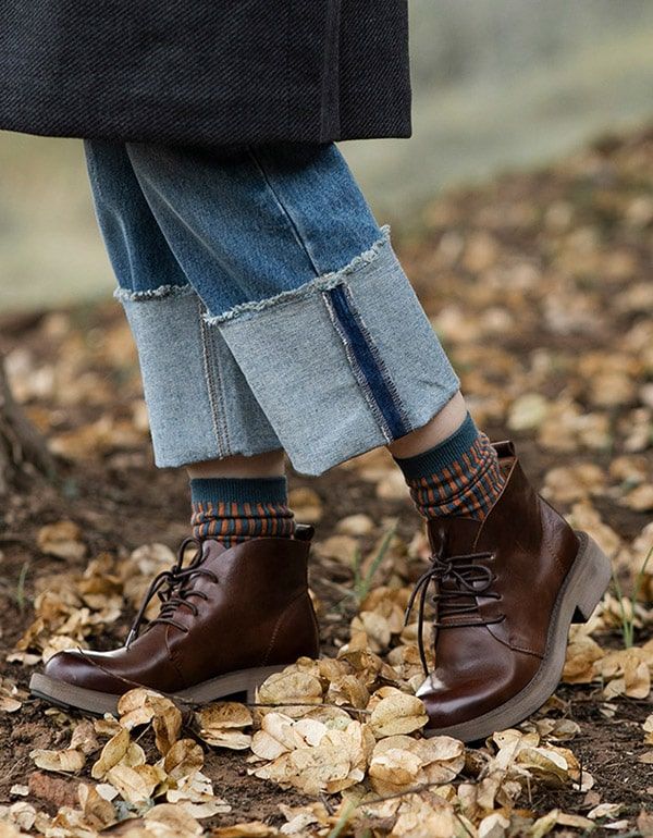 Bottines En Cuir D'automne À Lacets En Cuir De Vachette