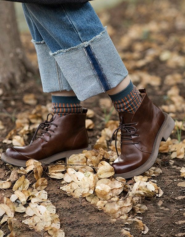 Bottines En Cuir D'automne À Lacets En Cuir De Vachette