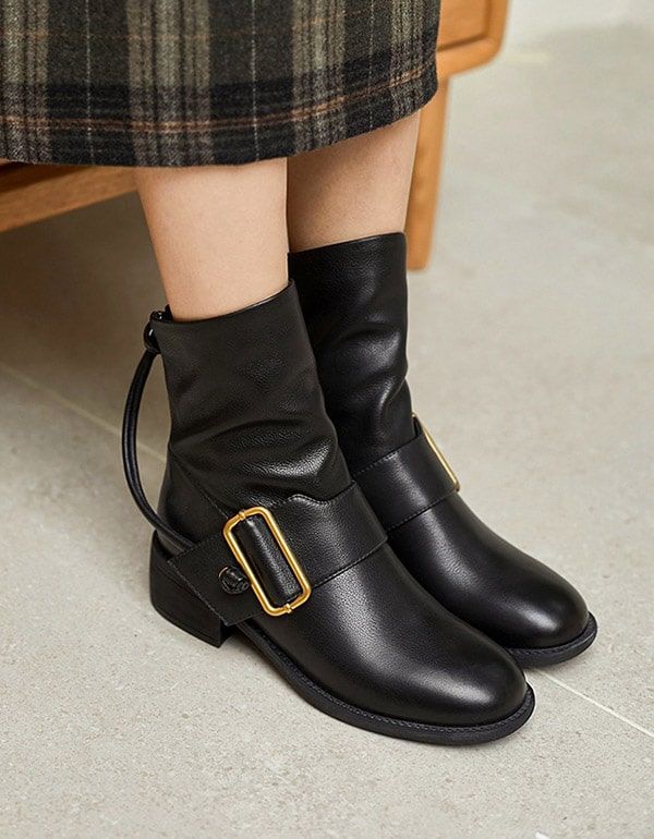 Bottines En Cuir À Boucle Large Pour Femmes