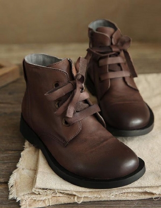 Bottines En Cuir Rétro Faites À La Main Pour Femmes