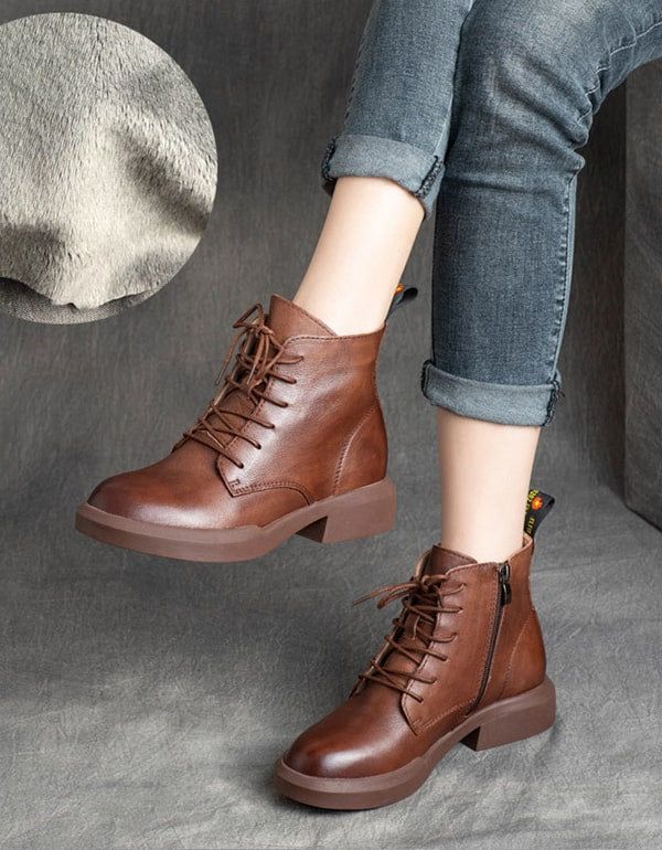 Bottines En Cuir Rétro À Lacets Pour Femmes