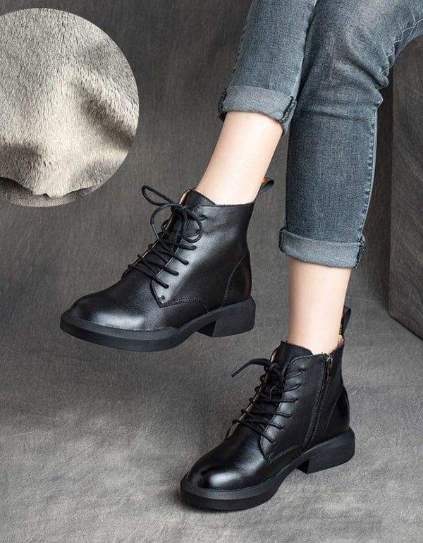 Bottines En Cuir Rétro À Lacets Pour Femmes