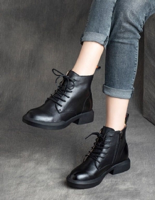 Bottines En Cuir Rétro À Lacets Pour Femmes